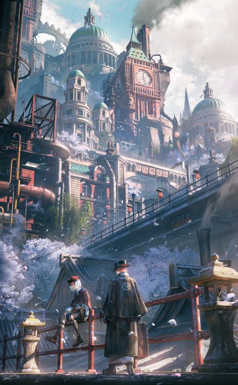 (65) 50Sn on Tumblr Steampunk City, Steampunk Artwork, Fantasy City, Steampunk Design, Fantasy Places, Fictional World, Steampunk Art, Fantasy Art Landscapes, Fantasy Concept Art