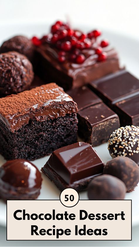 A close-up of a decadent chocolate dessert assortment, including a rich chocolate cake slice, truffles, and brownies, beautifully arranged on a white plate. Desserts With Dark Chocolate, Fancy Chocolate Desserts, Desserts With Chocolate, Decadent Brownies, Chocolate Desserts Fancy, Dark Chocolate Desserts, Cottagecore Recipes, Craving Chocolate, Baking Skills