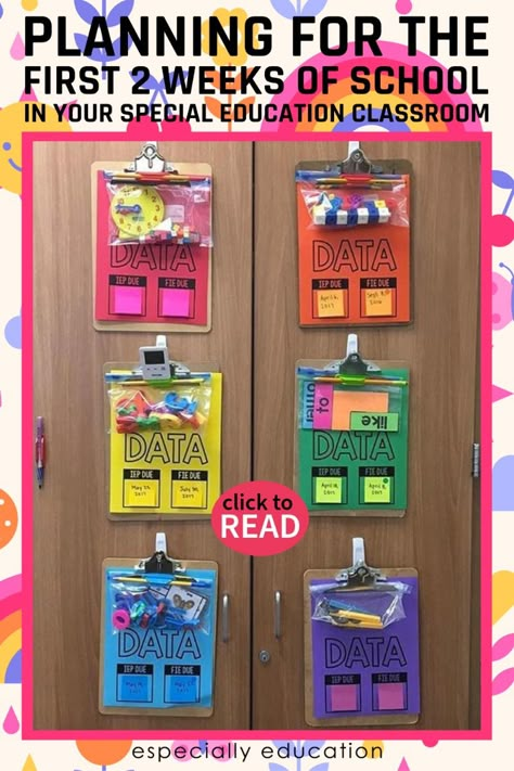 The first few weeks in the classroom can be challenging. You’re given the room and the caseload but not much else. Here are a few ideas to help you survive the first two weeks of school in your special education classroom! Cute Classroom Ideas Special Education, Classroom Management Special Education, Special Education Lessons, Special Education Classroom Decor Ideas, Self Contained Behavior Classroom, Open House Special Education, Special Education Activities Elementary, Special Education Door Decorations, Special Ed Door Decoration