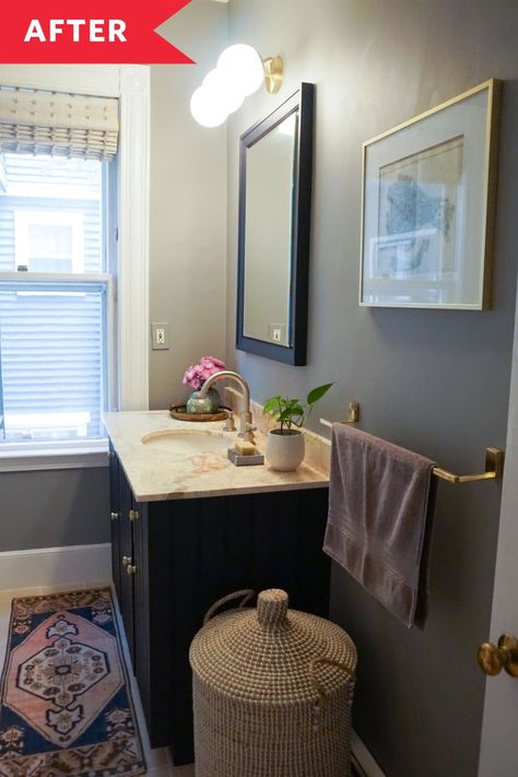 Bathroom Beige Tile, Outdated Bathroom Makeover, Beige And Black Bathroom, Chrome Light Fixtures, Deep Blue Paint, Diy Entry Table, Outdated Bathroom, General Finishes Milk Paint, Wooden Vanity