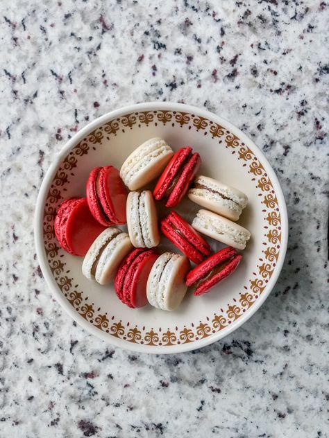 You can tell those red and white macarons match perfectly together! Red Macarons, White Macarons, Macarons, Red And White, Bowl, Canning, Red, White, Quick Saves