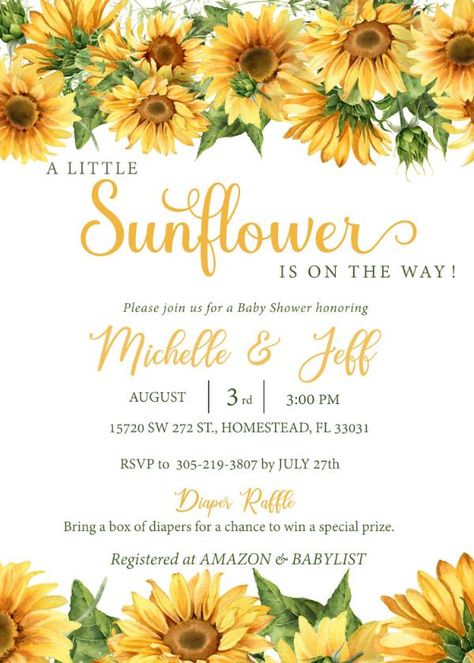 Baby Shower Sunflower Theme Girl, Sunflower Theme Baby Shower Ideas, Sunflower Baby Shower Ideas Girl, Sunflower Baby Shower Theme, Sunflower Baby Shower Ideas, Creative Gender Reveals, Sunflower Baby Shower, Baby Shower Host, Amazon Baby Registry