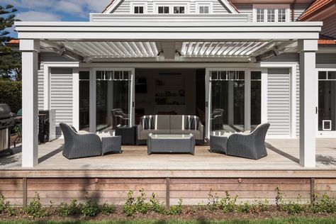 Louvretec Outdoor Roof Area, Louvre Pergola Outdoor Rooms, Pergola With Opening Roof, Patio Addition Ideas Covered, Louvred Pergola, Louvre Pergola, Bungalow Extension, Deck Roof, Spanish Farmhouse