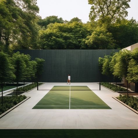 Design tennis court in garden Tennis House Ideas, At Home Tennis Court, Personal Tennis Court, Home With Tennis Court, Cool Tennis Courts, Home Tennis Court Aesthetic, Backyard Tennis Court Ideas, Home Tennis Court Ideas, Tennis Court Home