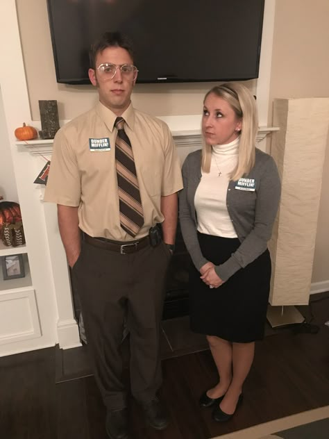 Halloween costumes from the office. Couple Costumes. Angela Martin and Dwight Schrute Dwight Schrute Halloween Costume, Angela From The Office Costume, The Office Family Costume, Angela The Office Costume, Angela And Dwight Costume, Dwight Schrute Costume, Dwight And Angela Couple Costume, Dwight Halloween Costume, Baby Grinch Costume