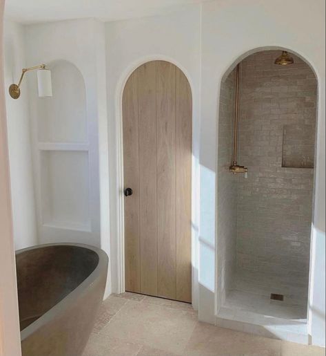 Arched Barn Door, Shower Alcove, Arched Doorways, Master Bath Shower, Arch Doorway, Master Shower, Arched Doors, Primary Bathroom, Primary Bath