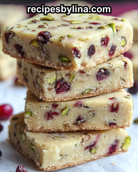 Enjoy the perfect blend of tart cranberries and crunchy pistachios in this Cranberry Pistachio Shortbread recipe. A delicious treat for the holidays or anytime. Cranberry Pistachio Shortbread Cookies, Cranberry Pistachio Shortbread, Cranberry Pistachio Cookies, Lace Cookies Recipe, Cranberry Pistachio Biscotti, Pistachio Shortbread, Brownies Ingredients, Cranberry Dessert, Pistachio Biscotti