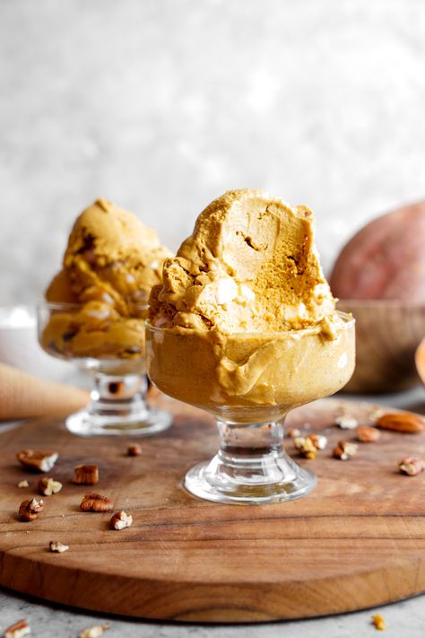 Sweet Potato Ice Cream Recipe, Mcas Recipes, Fall Ice Cream Flavors, Sweet Potato Ice Cream, Weird Ice Cream Flavors, Vegan Puddings, Potato Ice Cream, Vegan Fall Dessert, Fine Desserts