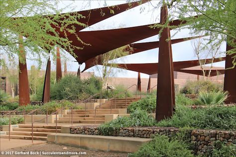 Scottsdale Xeriscape Demonstration Garden: gabions, shade sails, and desert plants Dessert Landscaping, Desert Landscape Design, Land Forms, Drought Resistant Landscaping, Landscaped Garden, Complex Design, Shade Sails, Student Center, Desert Garden