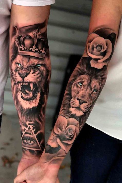 Large Couple Tattoos, Couples Lion Tattoo, Kurt Tattoo, Best Couple Tattoos, Cute Couple Tattoos, Lion Tattoo Sleeves, Couple Tattoos Unique, Forarm Tattoos, Couples Tattoo Designs