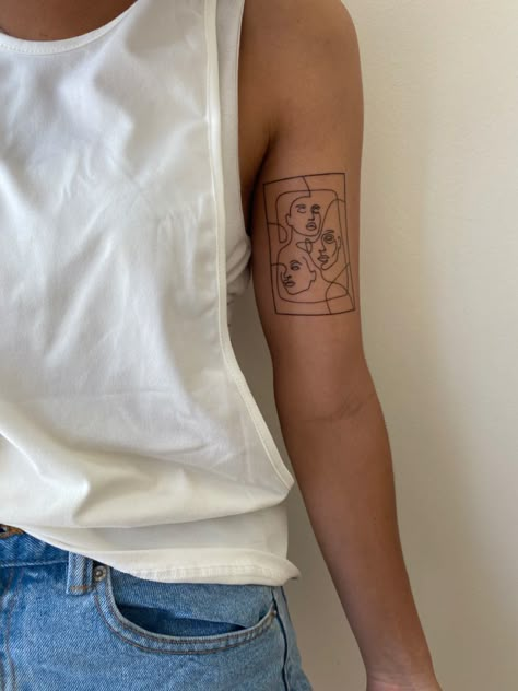 Front Of Upper Arm Tattoo, Tattoo In Rectangle Frame, Square Arm Tattoo, Tattoo Square Frame, Tattoos In Frames, Tattoo Picture Frame, Square Frame Tattoo, Square Tattoo Frame, Three Faces Tattoo