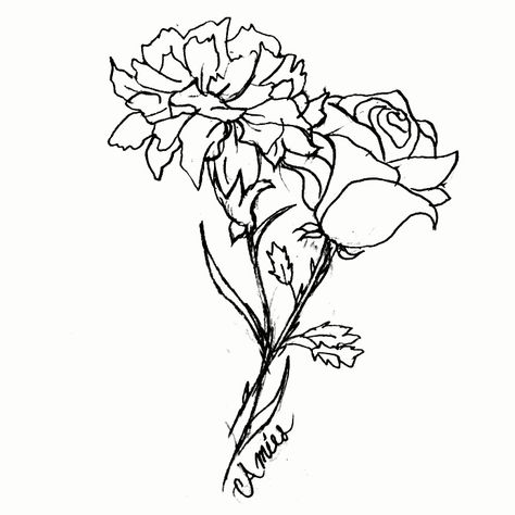 Tattoo I drew for a friend and I. Carnation and rose, both our birth flowers. Carnations And Roses Tattoo, Carnation And Rose Bouquet Tattoo, Carnation And Rose Tattoo Design, Carnation And Rose Flower Tattoo, Marigold And Rose Flower Tattoo, Rose Carnation Tattoo, Marigold And Rose Tattoo, Rose And Marigold Tattoo, Carnation And Rose Tattoo