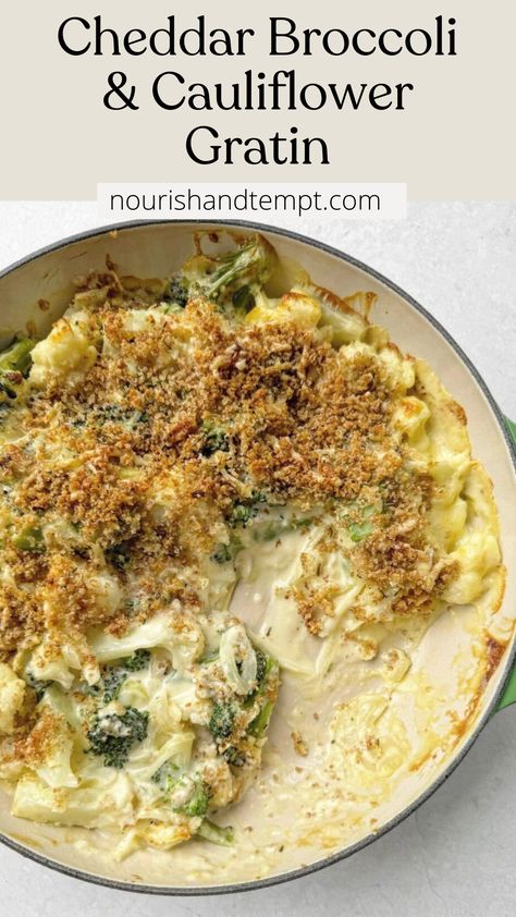 A cauliflower and broccoli gratin covered in a golden breadcrumb. The dish has been baked in a round casserole dish. The gratin is creamy and cheesy. Cauliflower Bechamel Sauce, Broccoli And Cauliflower Gratin, Broccoli Cauliflower Gratin, Broccoli Cauliflower Recipes Healthy, Broccoli And Cauliflower Au Gratin, Broccoli Cheese Side Dish, Cauliflower And Broccoli Recipes, Broccoli And Cauliflower Recipes, Cheesy Broccoli And Cauliflower