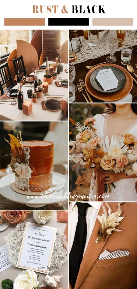 7 Gorgeous Color Palettes for 2022 Winter Wedding – Clear Wedding Invites Terracotta And Black Wedding Decor, Black And Amber Wedding, Amber Wedding Color Palette, Black And Terracotta Wedding, Black And Rust Wedding, Winter Wedding Rustic, Winter Wedding Decor, Wedding Mad Libs, Unique Wedding Colors