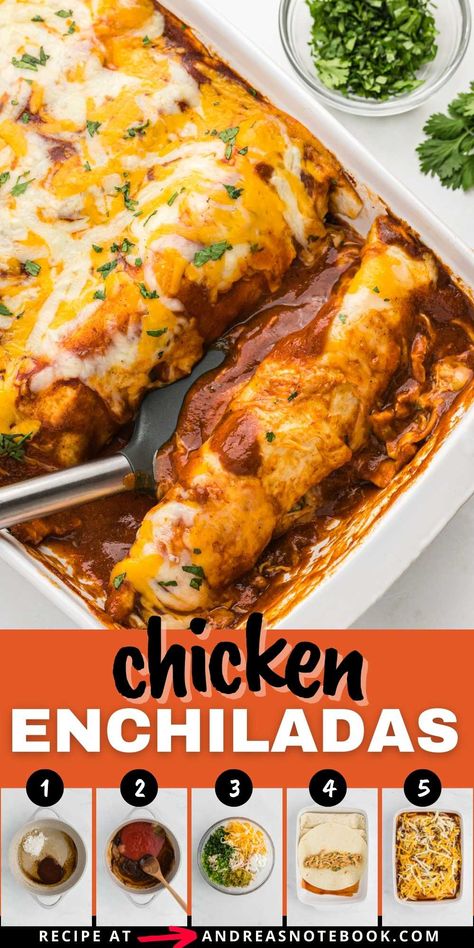 Chicken enchiladas with red sauce from scratch are way more delicious than enchiladas with canned red enchilada sauce. Read on to learn how to make homemade chicken enchiladas. This chicken enchiladas recipe with red sauce (enchiladas rojas) is made on the stovetop and then baked in the oven. This authentic Mexican Inspired enchiladas recipe is definitely the best chicken enchiladas recipe! The bold, flavorful and mild enchiladas can be made spicier, if you prefer! Restaurant Chicken Enchiladas, Oven Baked Chicken Enchiladas, Easy Chicken Enchiladas 4 Ingredients, Chicken Enchiladas With Canned Red Sauce, Chicken Enchiladas Easy Red Sauce Simple, Red Chicken Enchilada Recipe, Large Batch Enchiladas, Chi Ken Enchiladas, Red Chile Chicken Enchiladas