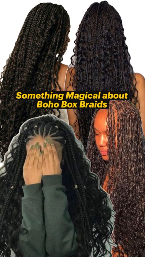 Black women wearing intricate box braids and loose curls hairstyle Box Braids Bohemian, Box Braids Boho, Bohemian Box Braids, Braids Bohemian, Braids And Twists, Boho Box Braids, Hairstyles Names, Braids Boho, Twist Box Braids