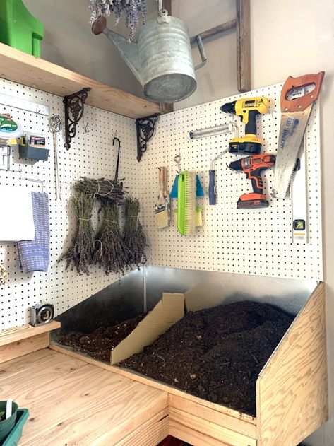 9 Ideas for Organizing an Inviting Indoor Gardener Work Space + A Tour of My Potting Table | The Simply Luxurious Life | To acquire good fortune is to be given an opportunity not to be wasted. My new home is small, as is my garden which is not a standard garden but what I equate to a potager in the sense that the vegetables, fruits and herbs are arranged amongst the landscaping to create an inviting outdoor […] Outdoor Potting Table Ideas, Garden Table Diy Potting Benches Work Stations, Garden Pot Storage Ideas, Potting Area Ideas Spaces, Small Potting Shed Interior Ideas, Indoor Potting Station, Potting Soil Storage Ideas, Planting Station Potting Tables, Potting Soil Storage