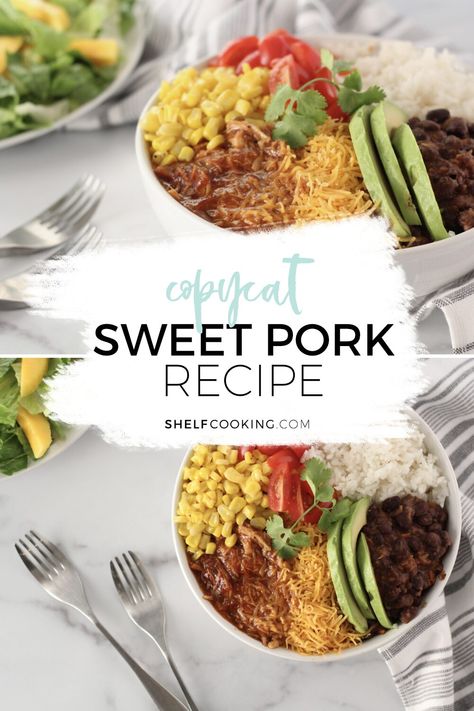 Make this crazy easy copycat Cafe Rio sweet pork recipe and put it in a rice bowl! It's the perfect way to stretch a meal and is so delicious! Copycat Cafe Rio Sweet Pork, Copycat Cafe Rio, Cafe Rio Sweet Pork Recipe, Sweet Pork Recipe, Cafe Rio, Delicious Rice, Pork Salad, Sweet Pork, Boneless Pork Shoulder