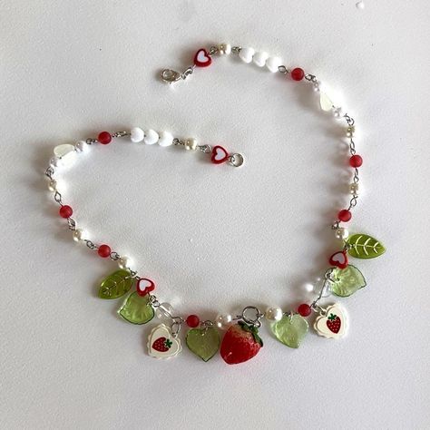 strawberry fields charm necklace 🍓🍰🍃 #jewelry... - Depop Strawberry Jewelry Diy, Bead Strawberry, Cottage Core Beaded Necklace, Strawberry Choker, Strawberry Beaded Necklace, Strawberry Beads Necklace, Strawberry Pearl Necklace, Strawberry Jewelry, Strawberry Necklace