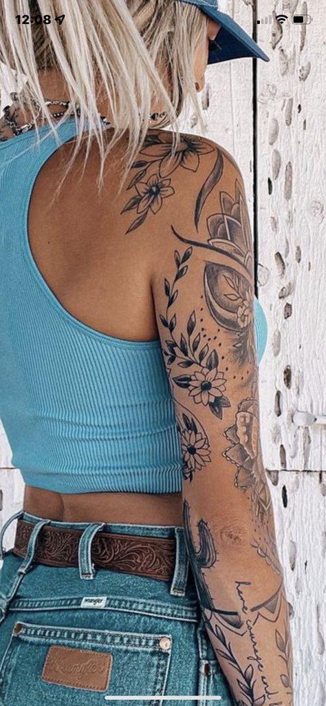 Sleeve Tattoos Country, Simplistic Sleeve Tattoo, Western Woman Sleeve Tattoo, Country Female Tattoos, Forearm Tattoo Women Country, Boho Tattoo Sleeve For Women, Women Quad Tattoo, Western Women’s Sleeve Tattoos, Western Compass Tattoo