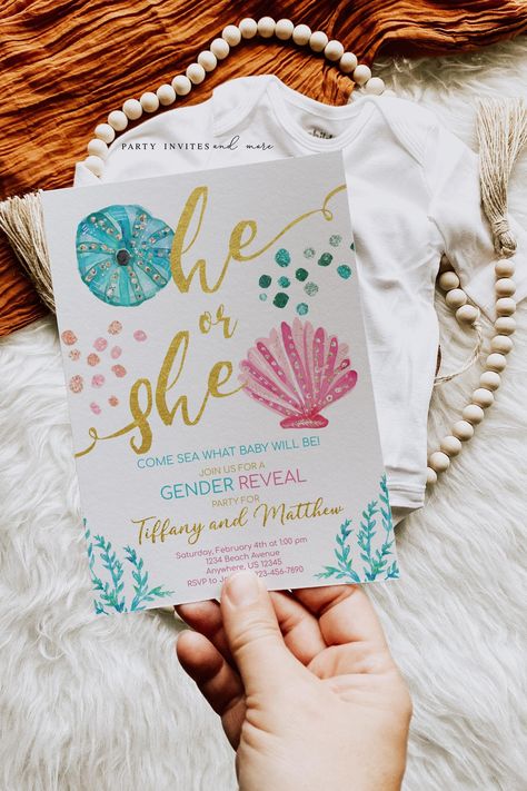 "Gorgeous nautical themed gender reveal invitation with seashells. Beautiful blue and pink color scheme accented with bits of faux gold. Available to edit and download shortly after purchase. We also offer printing to save you time! Matching Items: https://www.etsy.com/shop/PartyInvitesAndMore?ref=seller-platform-mcnav&search_query=2590 Demo Here: https://www.corjl.com/d/29OLH6 Printing available: https://www.etsy.com/listing/1195486270  Welcome to my shop! Please read instructions and details below. Benefits of this instant download: * No software needed! Download and edit instantly from any PC or Mobile Device (yes, you can even use your phone!) * All text is editable with the exception of \"he or she\". - See demo * Text color and sizes can be changed. How it works: You will receive an Gender Reveal Beachy, Sea Turtle Gender Reveal, Gender Reveal Under The Sea Theme, Water Theme Gender Reveal, Poolside Gender Reveal, Surfer Gender Reveal Ideas, Cruise Gender Reveal, Gender Reveal Summer Theme, Beach Gender Reveal Party