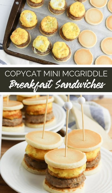 Mini Pancakes With Sausage, Mini Pancake Breakfast Ideas, Mini Pancake Breakfast Sandwiches, Mini Mcgriddle Recipes, Mini Bagels Breakfast, Breakfast Ideas Mini Pancakes, Mini Waffle Sandwiches, Mini Pancake Sandwiches, Mini Sausage Mcgriddles