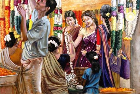 The Flower Market, Composition Drawing, Composition Painting, Indian Illustration, Human Figure Sketches, Scene Drawing, Art Village, Oil Painting For Sale, Female Art Painting