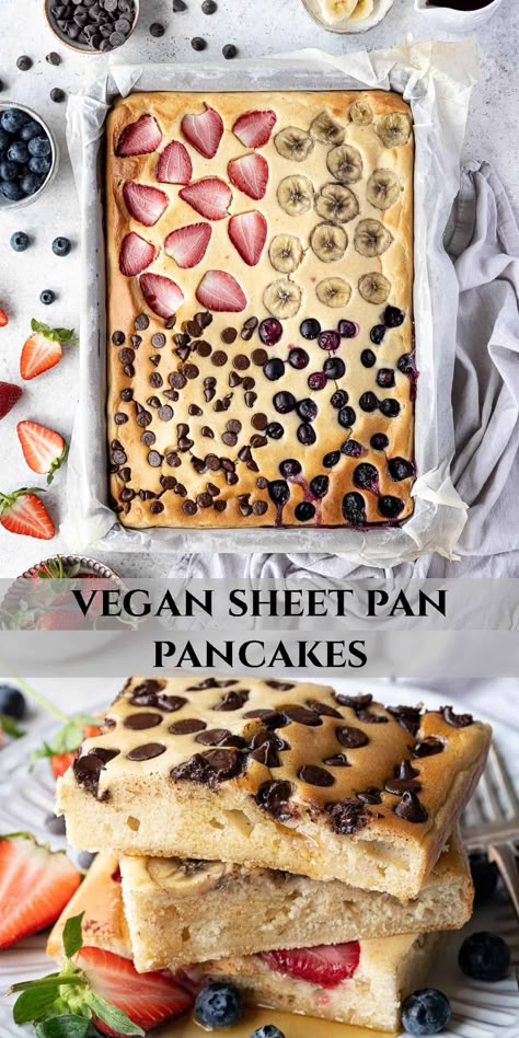 Vegan sheet pan pancakes - These delicious vanilla pancakes are ultra fluffy, so easy to make and you can top them with whatever you like! The batter is baked in a sheet pan to make one giant pancake, so there's no need to stand over a stove flipping individual pancakes, the whole batch is ready in under 30 minutes. Vegan Sheet Pan, Vegan Sheet Pancakes, Vegan Sheet Pan Pancakes, Vegan Mexican Breakfast, Vegan Pancake Casserole, Vegan Pancake Recipe, Sheet Pan Pancakes Dairy Free, Gluten Free Sheet Pan Pancakes, Healthy Sheet Pan Pancakes