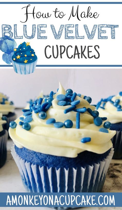 How to Make Blue Velvet Cupcakes: A Colorful Treat - A Monkey on a Cupcake Blue Cupcake Flavors, Blue Cupcake Recipes, Blue Velvet Recipes, Blue Velvet Cupcakes Recipe, Blue Vanilla Cupcakes, Blue Velvet Cupcakes Box Cake, Blueberries Cupcakes, Blue Raspberry Cupcakes, Blueberry Cupcakes Easy