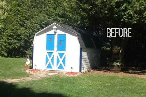 F'ugly to Farmhouse: Shed Makeover on a Budget | Frugal Family Times Storage Shed Makeover Exterior, Shed Makeover Exterior Before After, Old Shed Makeover, Diy Metal Shed Makeover, Painting A Metal Shed, Metal Shed Makeover, Update Old Shed, Shed Makeover Interior, Farmhouse Shed