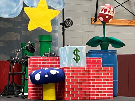 Super Mario Classroom Transformation, Mario School Theme, Super Mario Bros Parade Float, Mario Hallway Decorations, Mario Vbs, Super Mario Stage Design, 2023 Homecoming, Project Graduation, Mario Theme