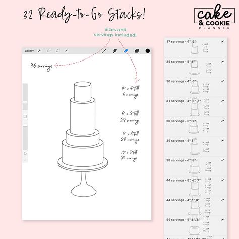 *** Please note that example sketches may use a variety of stamp bundles, note the "Made With" list of stamps that were used to create that artwork.* THIS BUNDLE Includes: Rounds Tiers Pack ($15) Square Tiers Pack  ($15) Hexagon Tiers Pack  ($15) Cake Slice Pack  ($5) Savings of $10.00! Our cake tier Procreate stamps m Cake Tier Sizes, Wedding Cake Serving Chart, Cake Size Chart, Cake Pricing Chart, Wedding Cake Sizes, Cake Serving Chart, Double Barrel Cake, Cake Sizes And Servings, 15 Cake