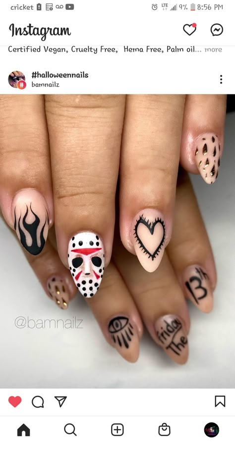 Friday 13th Nails Designs, Friday 13th Nails, Friday The 13th Nails, Nail Art Designs 2023, Halloween Nails Acrylic, Fun Halloween Nails, Ghost Nails, Short Coffin Nails Designs, Horror Nails