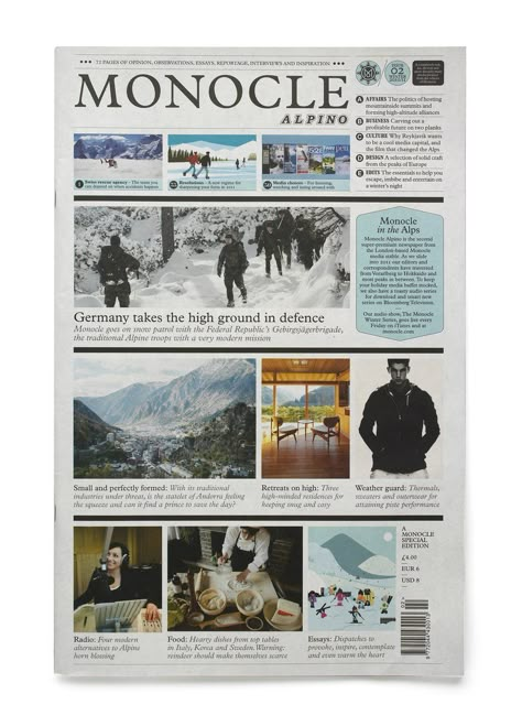 Monocle Alpino | Winkontent | Winkontent | D&AD Awards 2011 Pencil Winner | Entire Newspapers | D&AD Photo Essay Examples, Essay Layout, Newspaper Design Layout, Typeface Poster, Monocle Magazine, Newspaper Layout, Infographic Inspiration, Best Essay Writing Service, Annual Report Design