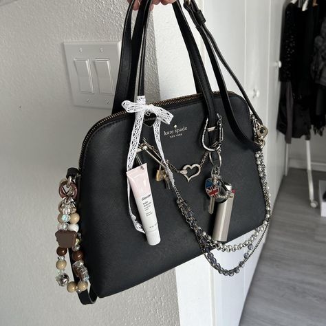 CUSTOM by me vintage Kate Spade New York black... - Depop Kate Spade Bag Aesthetic, Kate Spade Purse Outfit, Spade Aesthetic, Kate Spade Aesthetic, Purse Outfit, Vintage Kate Spade, Black Leather Shoulder Bag, Bag Aesthetic, Lace Bow