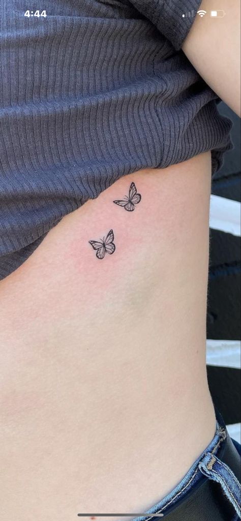 Tiny Tattoo Ribs, Fine Line Butterfly Tattoo Rib, Butterfly Tattoo On Ribcage, Butterfly On Side Tattoo, Ribs Butterfly Tattoo, Butterfly Rip Tattoo, Small Butterfly Tattoo On Ribs, Butterfly On Hip Tattoo, Rib Cage Butterfly Tattoo