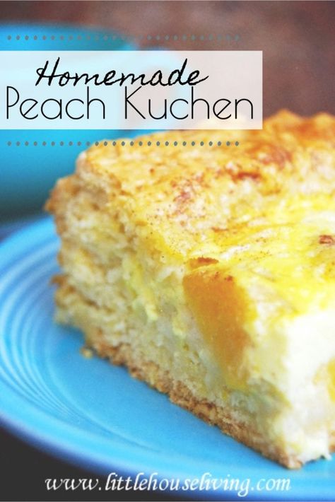 Growing up, Traditional German Kuchen was served at every family get together. This Peach Kuchen Recipe was one of my favorites, learn how to make it from scratch just like Granny did. #traditionalgermanrecipe #peachkuchen #kuchenrecipe #recipesfromscratch Peach Kuchen With Fresh Peaches, German Peach Kuchen, Peach Kuchen Recipes, Peach Cake Recipes, Food Authentic, German Dishes, German Food Authentic, German Cooking, Sweet Bakes