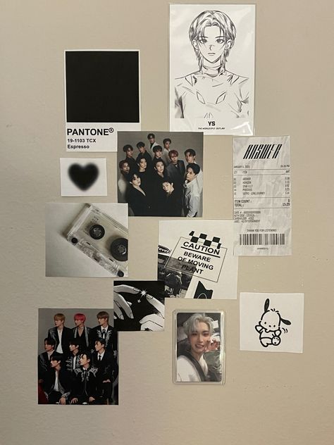 Photo Card Wall Ideas, Wall Decor Kpop Aesthetic, Seventeen Poster Black And White, Wall Collage Ideas Kpop, K Pop Wall Decor, Ateez Wall Decor, Dark Kpop Room Aesthetic, Kpop Door Decor, Kpop Grid Wall