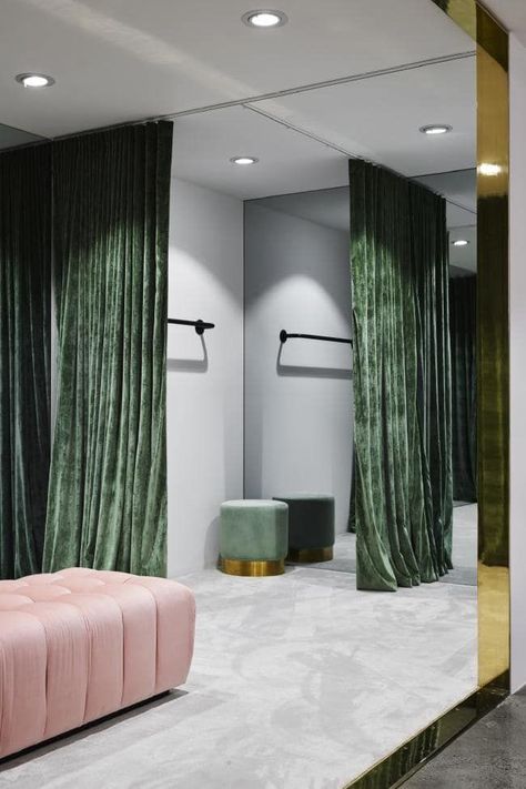 Curtain Fitting Room, Luxury Fitting Room, Blush Ottoman, Fitting Room Ideas Boutique, Fitting Room Ideas, Fitting Room Design, Clothing Boutique Interior Design, Clothing Boutique Interior, Green Boutique