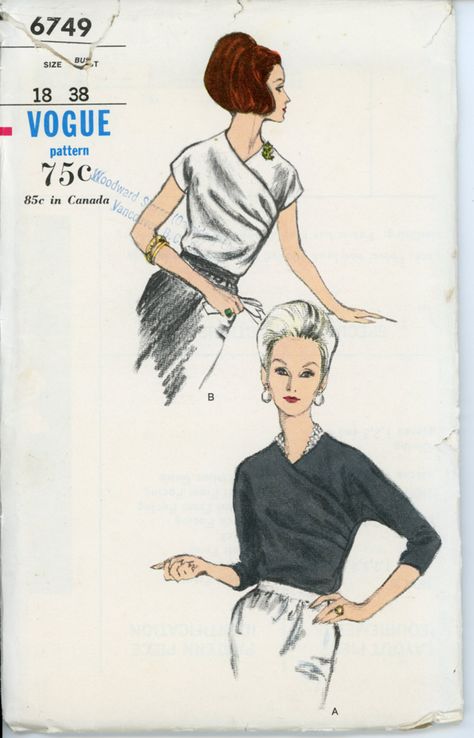 Vogue 6749; ca. 1966; Blouse. Surplice front tuck-in blouse drapes to side seam for closing effect. Three-quarter length dolman sleeves or short sleeves. 8 pattern pieces. Add a photo to the gallery by clicking the "modify" button below. Basic Sewing Patterns, 60s Vintage Fashion, Vintage Vogue Patterns, Patron Vintage, Basic Sewing, Fashion Illustration Vintage, Vintage Dress Patterns, Vogue Sewing, Vogue Pattern