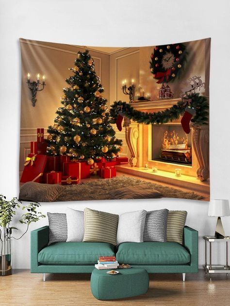 Christmas Tree Fireplace Tapestry Wall Hanging Decoration - Wall Pattern Ideas, Wall Tapestry Living Room, Christmas Tree Fireplace, Christmas Tree And Fireplace, Medieval Decor, Cheap Wall Tapestries, Tree Tapestry, 3d Christmas Tree, Tumblr Rooms