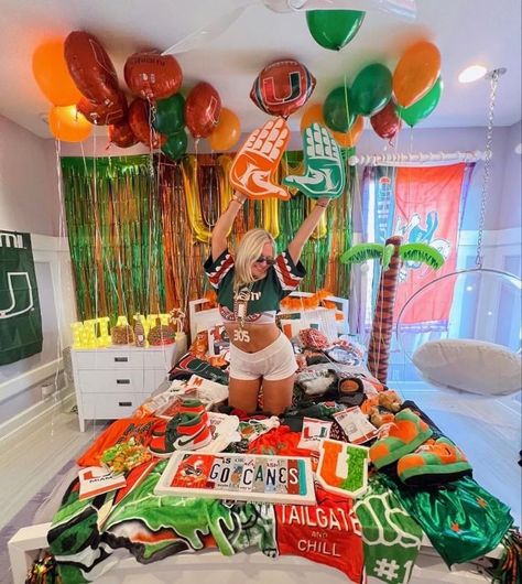 College Bed Acceptance, U Miami Game Day, U Miami Bed Party, Bed Parties College, Umiami Bed Party, Miami Bed Party, Umiami Dorm, College Bed Decorating Party, University Of Miami Aesthetic