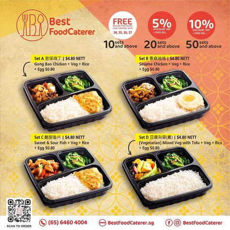 【𝗕𝗘𝗦𝗧 Bento New Menu 𝗙𝗥𝗘𝗘 Delivery 🚲】 𝗕𝗘𝗦𝗧 Bentos for your events with delivery options right up to your venue location. Ideal for offices 🏭, hostels 🏤, dormitories 🏨 & even hotels 🏩. We have bentos ranging from $4.80 to $13 offering menus options for Indian, Chinese, International, Thai and Western bento sets to choose from. Vegetarian options are also available. We have everyone covered. 🆓𝗙𝗥𝗘𝗘 DELIVERY for postal code starting with 34,35,36 & 37 only. 5️⃣% discount for 20 Bento Menu Design, Cloud Kitchen Menu Ideas, Bento Design, Indian Food Menu, Healthy Catering, Food Startup, Menu Catering, Catering Design, Delivery Food