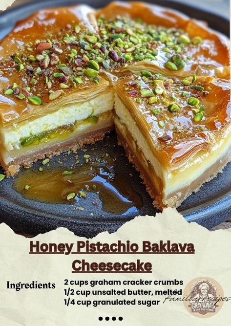 Pistachio Baklava Cake, Baklava Cheesecake Recipe, Baklava Cake, Honey Pistachio, Cheesecake Ingredients, Baklava Cheesecake, Pistachio Baklava, Greek Heritage, Thanksgiving Appetizer