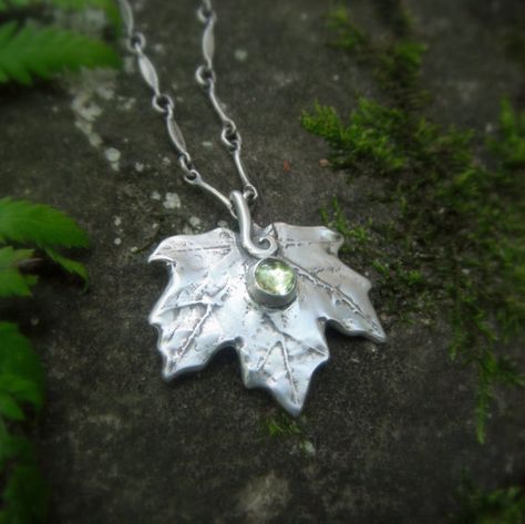 Real Leaf Necklace- Elven Maple Leaf Necklace With Peridot- Made With a Real Leaf- Artisan Handcrafted with Recycled Fine Silver Mystic Jewelry, Maple Leaf Necklace, Leaf Jewellery, Forest Jewelry, Real Leaf, Real Leaves, Londonderry, Botanical Jewelry, Gem Stones