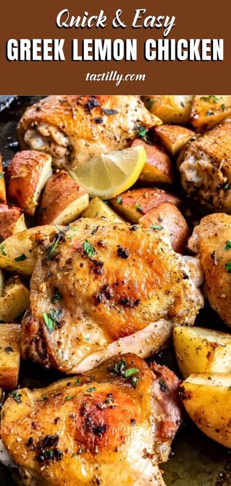 This Easy Greek Lemon Chicken is a simple one-pan meal that’s ready in no time. Marinated in lemon juice, olive oil, garlic, and oregano, the chicken is flavorful and juicy. Just 10 minutes of prep, and you’re good to go. Add potatoes for a complete meal. Swap white wine for chicken broth if desired. It’s a perfect recipe for busy nights!
#GreekChicken #EasyMeals #QuickDinner Lemon Chicken Meal Prep, Greek Lemon Chicken And Potatoes, Spanish Pasta, Lemon Chicken And Potatoes, Greek Chicken And Potatoes, Lemon Roasted Chicken, Weekend Meal Prep, Lemon Herb Chicken, Roasted Chicken And Potatoes