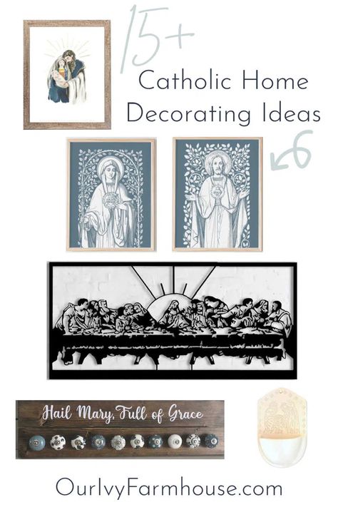 6 different Catholic items on a white background including a picture of the Holy Family, the Sacred Heart of Jesus and Immaculate Heart of Mary in blue, a black metal cut out of the Last Supper, a farmhouse style rosary holder, and white Holy water fount. Rosary Display Ideas, Catholic Minimalism, Modern Altar Design Home Catholic, Catholic Decor Home Ideas, Catholic Bedroom, Home Altar Catholic Beautiful, Catholic Prayer Corner, Catholic Home Altar Ideas Living Rooms, Holy Family Pictures