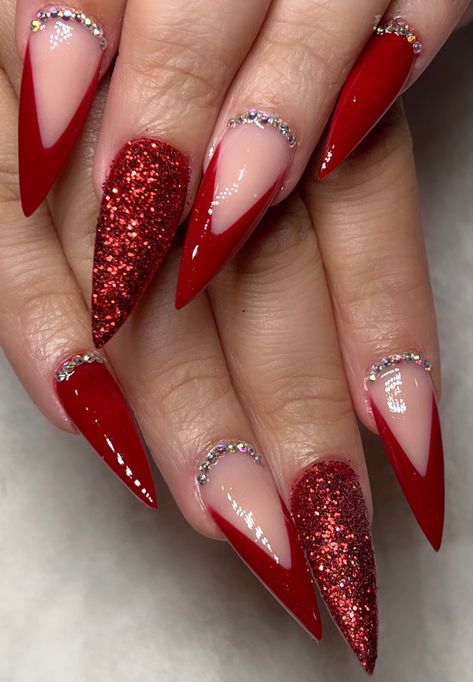 Red French Manicure Designs, Christmas Nails Pointy, Christmas Stilleto Nails Designs, Christmas Red French Tip Nails, Garnet Red Nails, Red Stilletos Nails, Christmas Nails Almond Red, Holiday Fingernails, Red Glam Nails