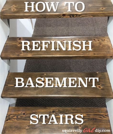 Black Painted Basement Stairs, Refinishing Basement Stairs, Easy Basement Stair Redo, How To Redo Basement Stairs, Upgrade Basement Stairs, Staining Basement Stairs, Cheap Basement Stair Makeover, Redoing Basement Stairs, Unfinished Basement Stairs Ideas