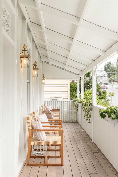 Modern Queenslander, Queenslander Renovation, Queenslander House, Front Verandah, Corrugated Metal Roof, Porch Roof, Roof Design, Metal Roof, House Front